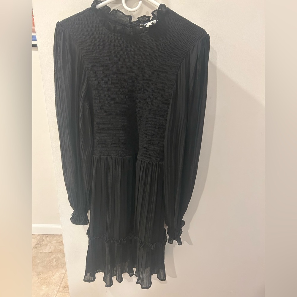 She + Sky Black Long Sleeve Smocked Bodice Mini Dress